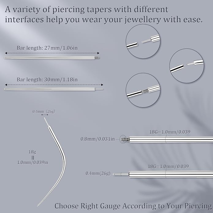 14G 16G 18G 20G Piercing Taper Piercing Ball Grabber Tool Stainless Steel Flat Back Earring Applicator Tool Threadless Insertion Pin Curved Body Piercing Kit for Ear/Nose/Navel/Lip/Eyebrow