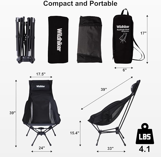 Wildhiker Portable Compact Folding Camping Chairs – Lightweight High Back with Pillow, Deep Recline, ArmPads, Side Pockets-for Motorcycle, RV, Backpacking, Travel, Festival – Black