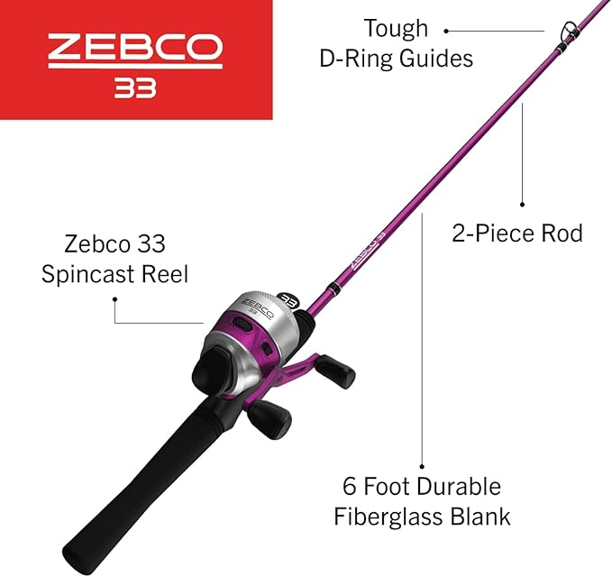Zebco 33 Spincast Reel and Fishing Rod Combo, 6-Foot 2-Piece Fiberglass Rod with EVA Handle, Quickset Anti-Reverse Fishing Reel with Bite Alert