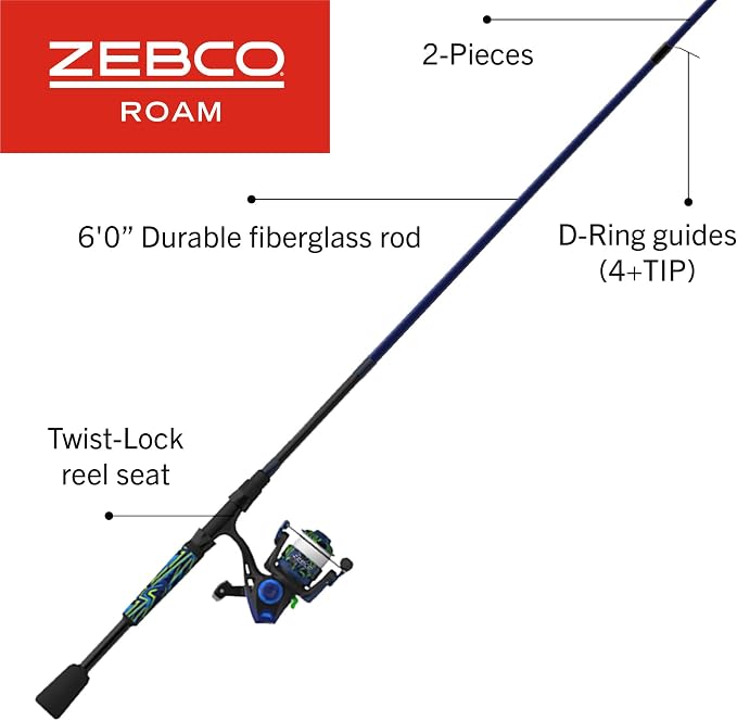 Zebco Roam Spinning Reel and Fishing Rod Combo, Fiberglass Rod, Split ComfortGrip Handle, Soft-Touch Handle Knob, Reversible Retrievee