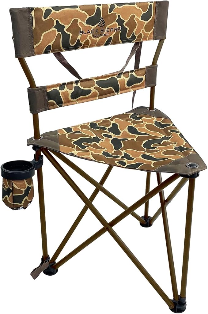 Black Sierra HD Tri-Hunt with Back Hunting Stool, Foldable Tripod Seat w/Steel Frame Supports 300-lb, Heavy Duty Fishing Chair Features Cup-Holder & Carry Shoulder Strap, for Camping