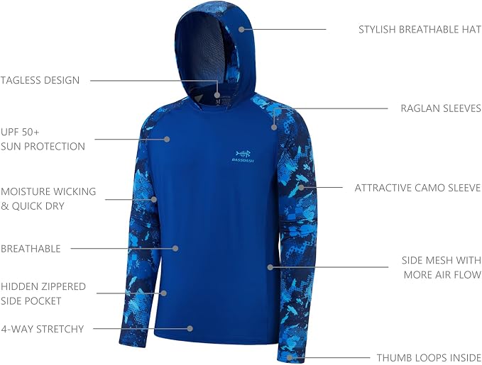 BASSDASH Men’s UPF 50 Performance Fishing Shirt Cooling Hoodie Camo Long Sleeve FS17M