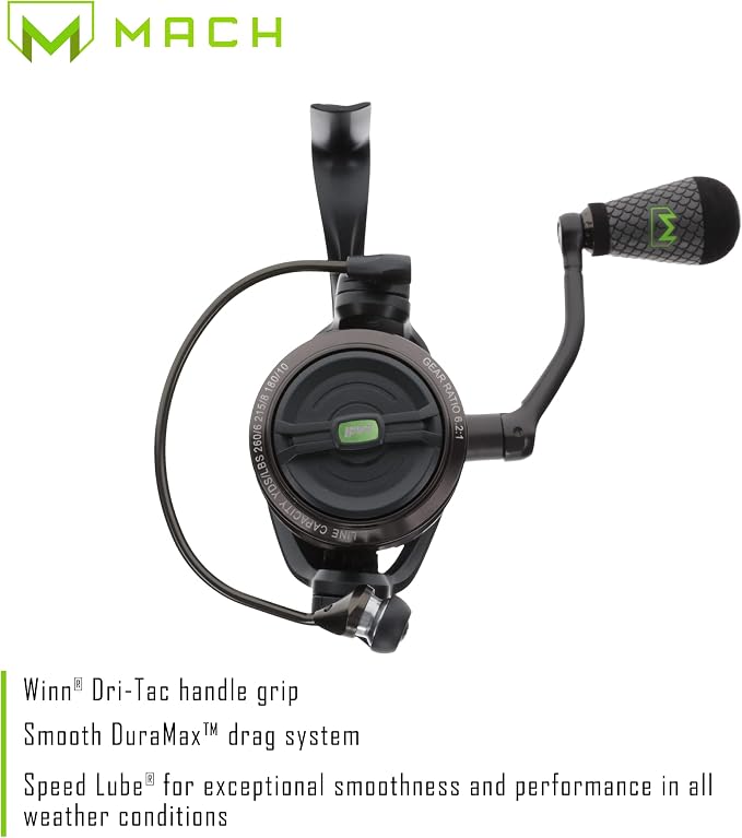 Lew's MACH 2 Spinning Fishing Reel, 6.2:1 Gear Ratio, Right or Left-Hand Retrieve, Aluminum Frame, Premium 10 Stainless Steel Ball Bearings, Black/Green