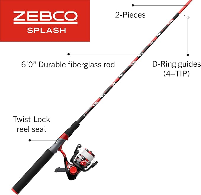 Zebco Splash Spinning Reel and Fishing Rod Combo, Fiberglass Rod, 2-Bearings, All Metal Gears, 5.2:1 Gear Ratio