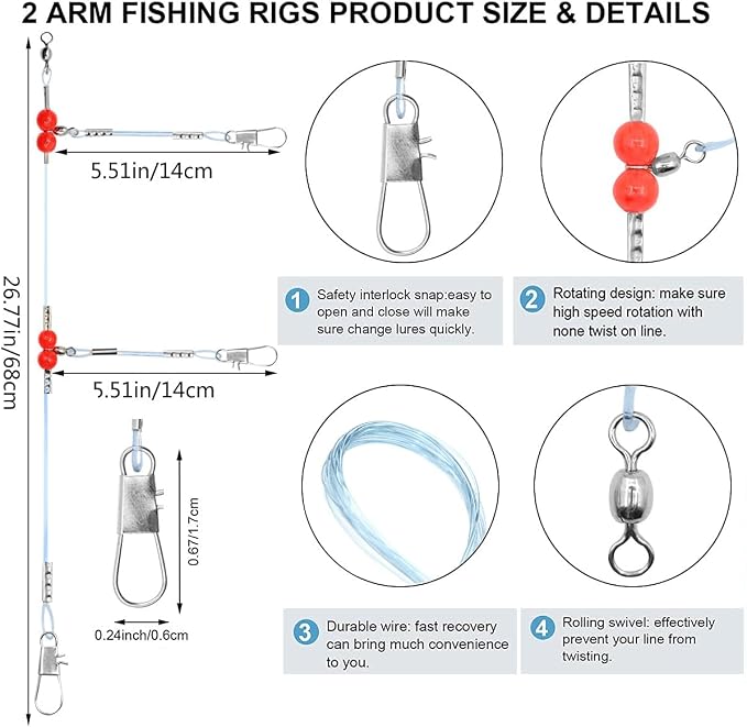 YOTO Fishing Leaders,Saltwater Tackle Rig with Swivels Snap, High-Strength Fishing Wire Gear Equipment for Lures Bait Or Hooks,1Arm and 2Arm