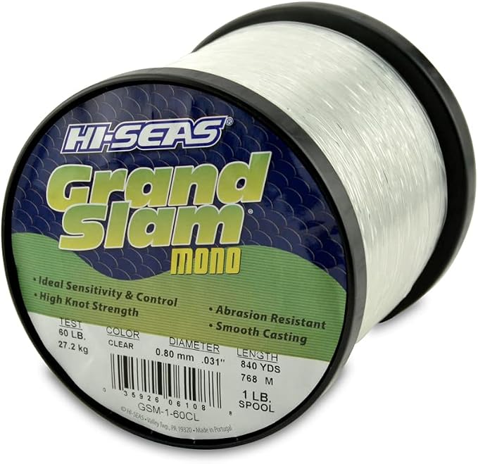 HI-SEAS Grand Slam Monofilament Fishing Line - Strong & Abrasion Resistant in Clear, Pink, Green, Smoke Blue, Fluorescent Yellow Freshwater & Saltwater - 1 lb Spool