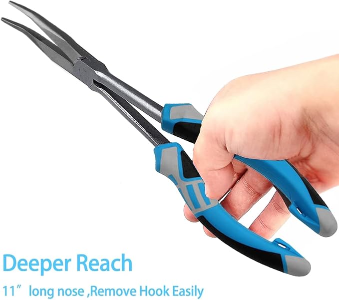 11" Long Nose Fishing Pliers, Straight & Bent Jaws, PTFE Coated Corrosion Resistant, Hook Remover & Braid Cutter Fishing Needle Nose Pliers, Saltwater Freshwater Gear for Bass Snook Trout