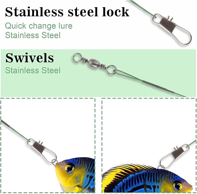 Giantree 50 Pcs Fishing Leaders, Stainless Steel Fishing Leaders with snap and Swivel, Anti-bite Stainless Steel Wire Leaders Fishing Leader Line for Fishing Rigs Saltwater and Freshwater