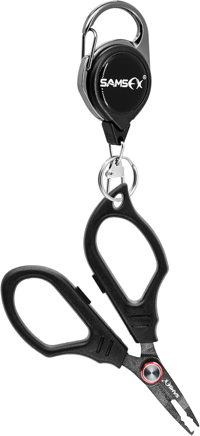 SAMSFX Fishing Scissors for Braided Line, Fishing Line Cutter Saltwater and Freshwater, Serrated Shears with Retractor, Optional Split Ring Opener Function