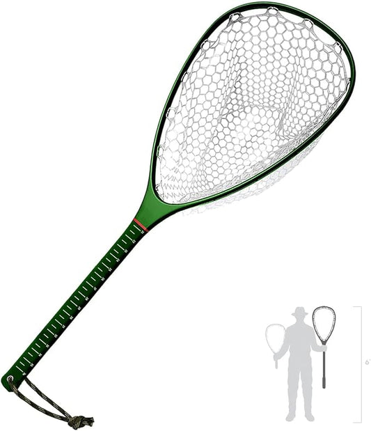 Riverruns Fly Fishing Landing Net Carbon Fiber Trout Net with Measurement Handle, Soft Rubber Mesh - 26" Standard (Wading) / 37" Long (Kayak)