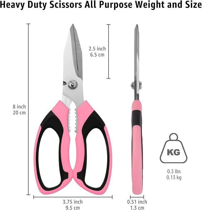 BoFuYuan 8-Inch Utility Scissors All Purpose Heavy Duty, Serrated Blade, Pink Comfort Grip for Cutting Carpet, Cardboard, Leather, Fabric, Multipurpose Sharp Shears for Kitchen, Garden, Office, Carft