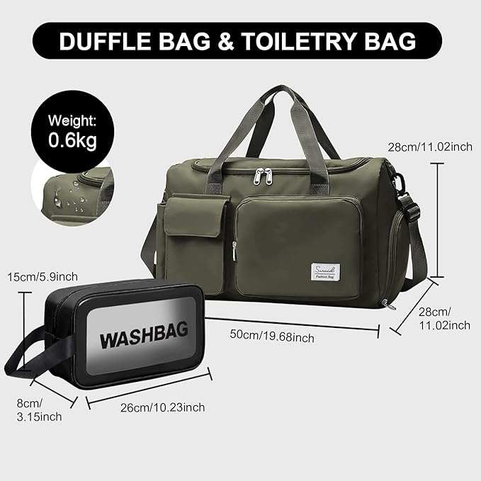 Suruid Gym Bag for Women Men, Travel Duffle Bag Large Capacity Carry On Weekender Bag With Shoe Compartment Gym Tote Dry Wet Separation Duffel Bag with Makeup Bag, Olive Green