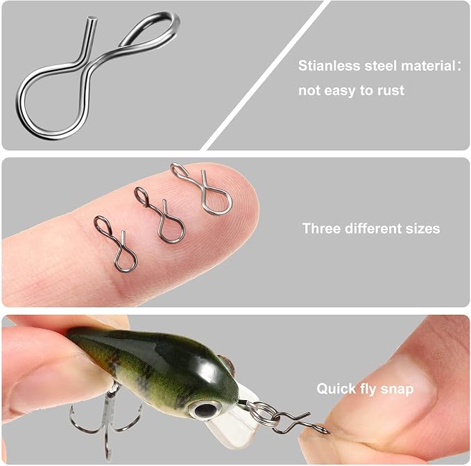 Skylety 300 Pieces Fly Fishing Snaps Stainless Steel Quick Change Fly Fishing Snaps No Knot Fast Clip Lure Connector for Flies Jigs Hooks Trout Lures Clip Swivels Terminal Tackle Mixed Sizes