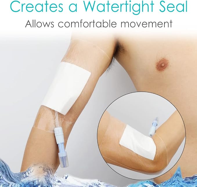 Waterproof Shower Cover Shields, Non-Stick Center Pad for Dialysis Port Picc Line Chest Catheter PD Peritoneal Dialysis Chemo Feeding Tube Peg G-Tube Patient Bandage Protector, 9"x9"(Pack of 25)