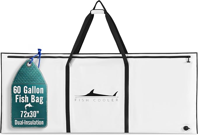 Houseables Fish Bag, Fish Kill Bag, Fishing Cooler, Insulated Carrier for Fishing, Cooling Gear, Big, Waterproof For Kayak, Transport, Weigh In, Catch, Ice, Tuna, Salmon, Bass, Trout, 41x16.5”, 72x30”