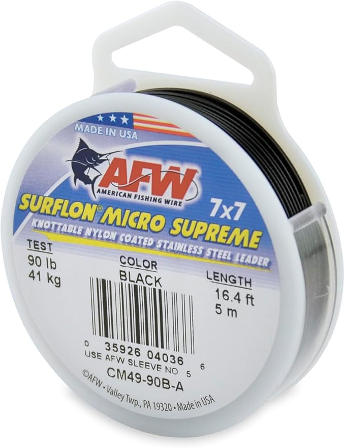 American Fishing Wire Surflon Micro Supreme Nylon Coated 7x7 Stainless Steel Leader Wire - Knottable Wire Leaders for Fishing Saltwater, Fly Fishing, 13lb Test - 90lb Test, Bright, Black & Camo Colors