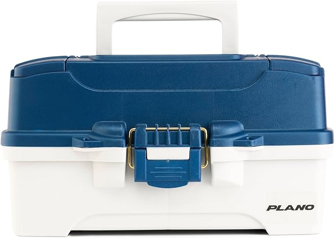 Plano One-Tray Tackle Box, Blue/White, Rust-Proof Brass Latch, Top-Access Tray with Deep Storage, Made in the USA, Portable Fishing Gear Storage Organizer