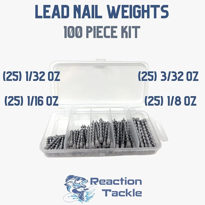 Reaction Tackle Lead Nail Weights for Plastic Worms, Wacky Rig and Neko Rig - Insert Pencil Sinkers for Bass Fishing Soft Plastic Lures - 25-Pack