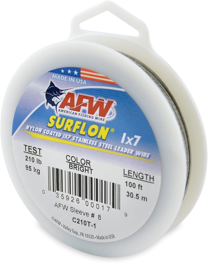 American Fishing Wire Surflon Nylon Coated 1x7 Stainless Steel Wire Leader - Wire Fishing Leader Line for Saltwater 10lb Up To 250lb Test in Bright, Black, Camo in 30ft, 100ft, 300ft, & 1000ft Lengths