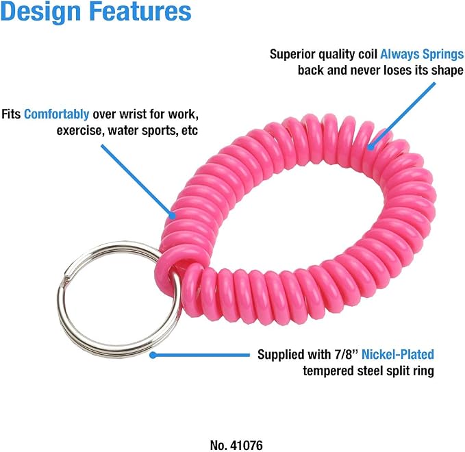 Lucky Line 2” Spiral Wrist Coil with Steel Key Ring, Flexible Wrist Band Key Chain Bracelet, Stretches to 12” Assorted Neon Colors, 25 PK (41076)