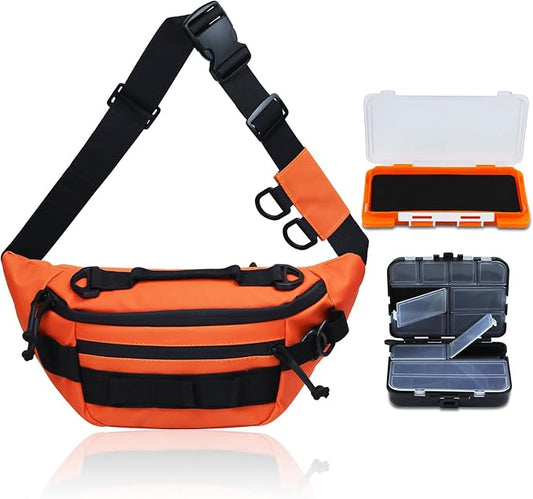 Fishing Waist Pack, Waterproof Fanny Pack with Two Tackle Boxes, Portable Sling Bag for Women & Men, Oxford Fabric, Orange