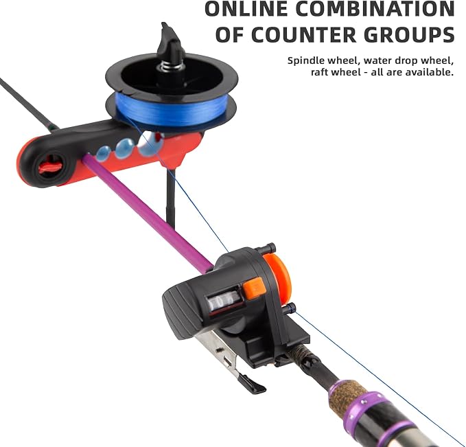 2PC Fishing Line Counter and Fishing Line Spooler Set, Universal Rod Clamp 4 Sizes Silicone-Protected Spooler, 0-999M Depth Gauge Counter,Smooth Winding System for Spinning/Baitcasting Reels