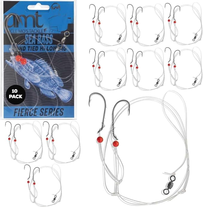 Sea Bass Hi/Lo Saltwater Fishing Rigs 1, 5 &10 Pack Bulk Options - Uncle Mo’s Tackle – Mustad Size 3/0 Bait Hook, 60lb Heavy Duty, 80lb Swivel & Sinker Loop, Hand Tied - for Fluke Porgy Snapper Croaker Sea Trout Tautog Spot Pompano