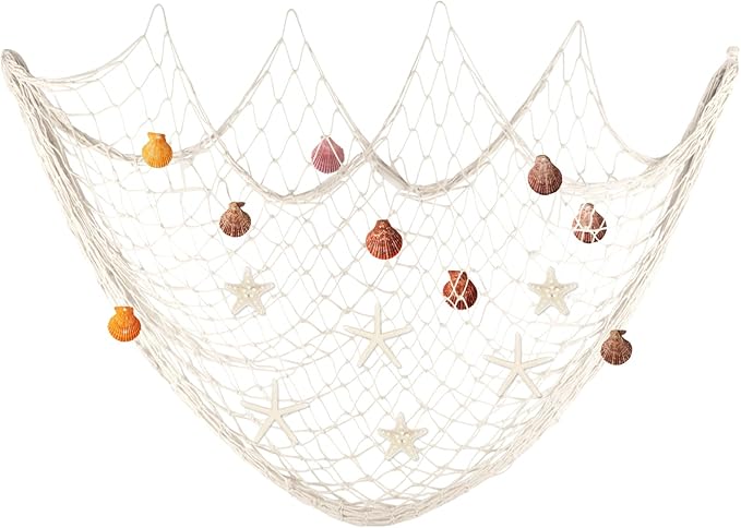 Fangoo 79x39 Inch Nautical Fishing Net Wall Decorations for Under the Sea Party with Shells and Starfish Crafts Bathroom Ceiling Table Decor for Beach Ocean Pirate Wedding Themed Party (beige)