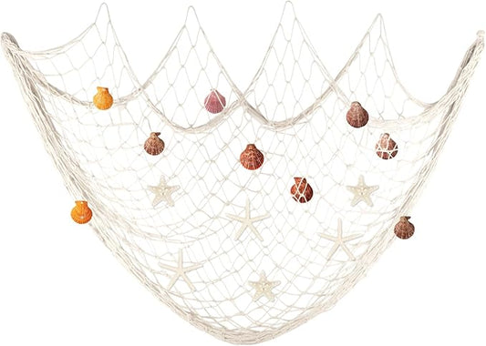 Fangoo 79x39 Inch Nautical Fishing Net Wall Decorations for Under the Sea Party with Shells and Starfish Crafts Bathroom Ceiling Table Decor for Beach Ocean Pirate Wedding Themed Party (beige)