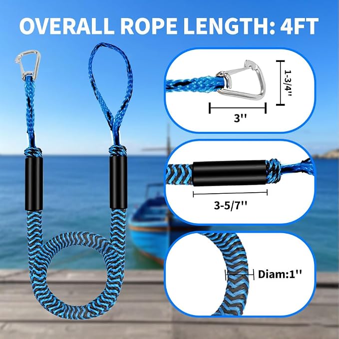 4-5.5ft, Bungee Dock Line with Stainless Steel Clip Safe Boat Rope Mooring String with Foam Float for Pontoon, Boat Accessories, Sea Doo,2 Pack (Blue&Black)