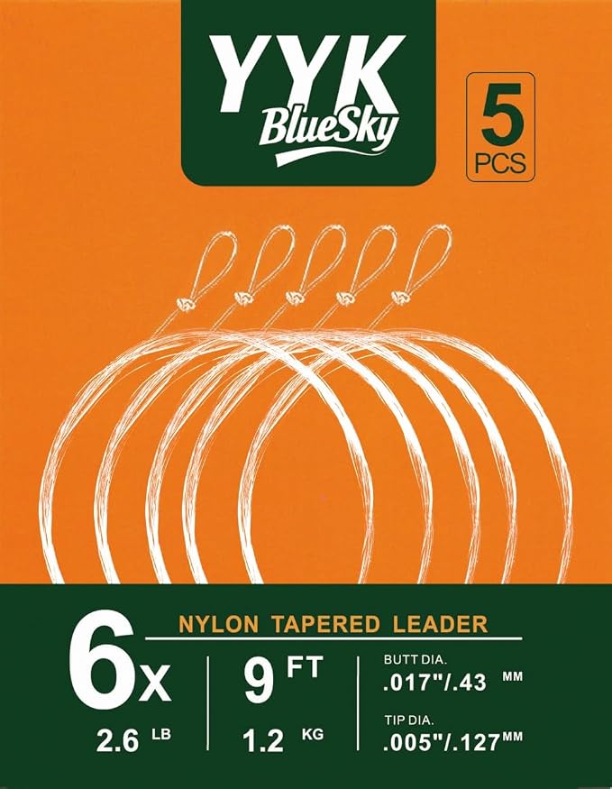 YYKBlueSky 9FT Clear Nylon Tapered Leader, Multiple Sizes 0X-7X (0X 1X 2X 3X 4X 5X 6X 7X) Optional, 5PCS Each for Freshwater Fly Fishing Line