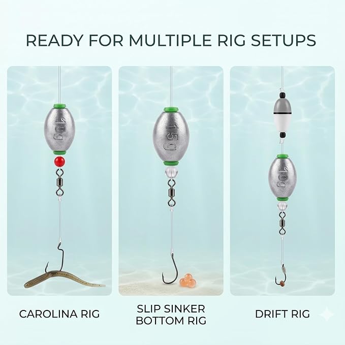 5size 36pcs/52pcs Egg Weights Kit – Slip Sinkers Assortment 1/8oz–1oz, Options, Fishing Weights Smooth Plastic‑Lined Large Bore, Partitioned Tackle Box, Fishing Weights for Shore & Boat