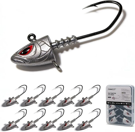 Saltwater Jig Heads 10 Pack, 3D Red Eyes with Bait Keeper & Belly Trailer Hole, 3/4oz to 1-3/4oz, 6/0 & 8/0 Hooks for Inshore Offshore Saltwater Fishing