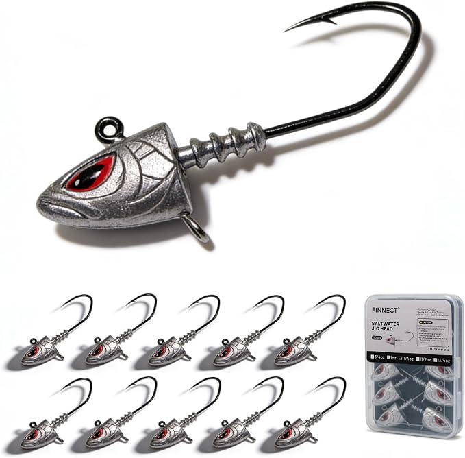Saltwater Jig Heads 10 Pack, 3D Red Eyes with Bait Keeper & Belly Trailer Hole, 3/4oz to 1-3/4oz, 6/0 & 8/0 Hooks for Inshore Offshore Saltwater Fishing