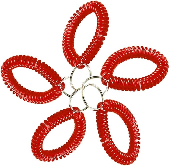 Lucky Line 2” Spiral Wrist Coil with Steel Key Ring, Flexible Wrist Band Key Chain Bracelet, Stretches To 12”, Red, 5 Pack (4107005)
