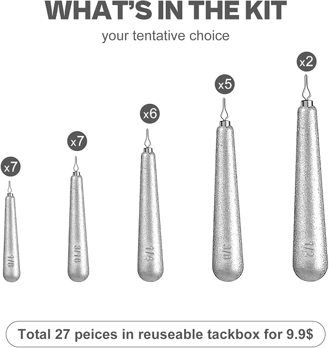 27/30 PCs Free Rig & Drop Shot Weights - Skinny Teardrop Fishing Sinkers (1/8 3/16 1/4 3/8 1/2oz) | Die-Cast Lead-Antimony Alloy | Mixed Kit Available