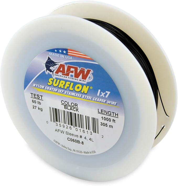 American Fishing Wire Surflon Nylon Coated 1x7 Stainless Steel Wire Leader - Wire Fishing Leader Line for Saltwater 10lb Up To 250lb Test in Bright, Black, Camo in 30ft, 100ft, 300ft, & 1000ft Lengths