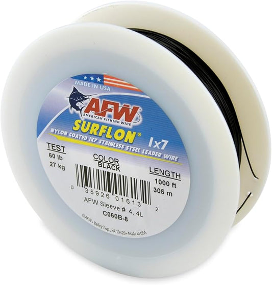 American Fishing Wire Surflon Nylon Coated 1x7 Stainless Steel Wire Leader - Wire Fishing Leader Line for Saltwater 10lb Up To 250lb Test in Bright, Black, Camo in 30ft, 100ft, 300ft, & 1000ft Lengths