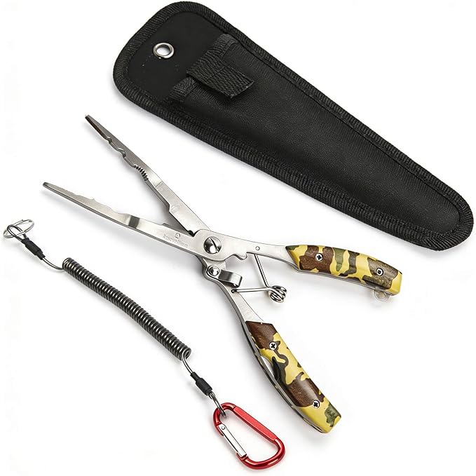 Fishing Needle Nose Pliers for Saltwater, Long Nose Stainless Steel Hook Remover with Braid Line Cutter and Split Ring Tool, Spring Loaded Fishing Pliers