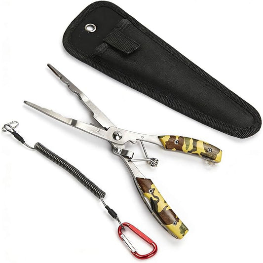 Fishing Needle Nose Pliers for Saltwater, Long Nose Stainless Steel Hook Remover with Braid Line Cutter and Split Ring Tool, Spring Loaded Fishing Pliers