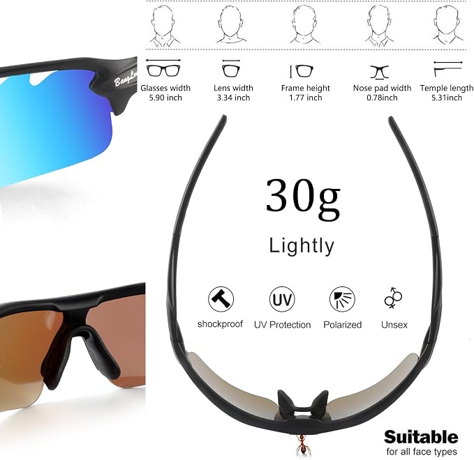 BangLong Polarized Cycling Sunglasses for Men Women, 26g Sports Sunglasses with 5 Lenses for Running Fishing Baseball Driving