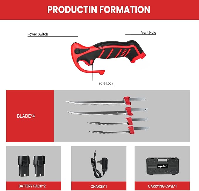 Mellif Electric Fillet Knife for Fish, 12V Cordless Fish Fillet Knife with 9.5" & 7" Sharp Blades, fillet knife for fish, Non-Slip Grip Handle, Safety Lock, 2 Rechargeable Batteries, Quick Charger & Carry Case for Fishing and Filleting