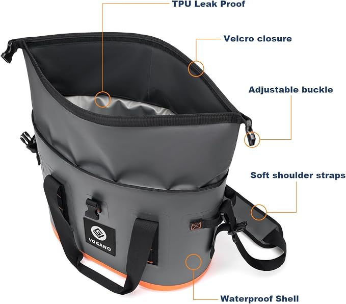 Vogano 40 Can Soft Cooler Bag - Insulated Leak-Proof Large Cooler Bag with Roll-Top Waterproof Seal | Portable Ice Chest for Camping, Beach, Travel, Picnics | 24HR Cold Retention