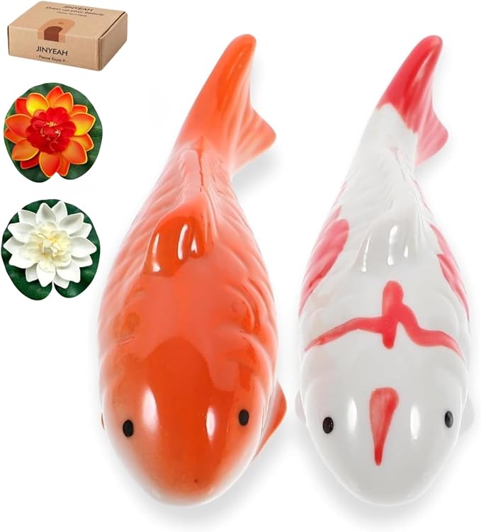 Ceramic Floating Koi Fish【china Glaze Craftsmanship】Pond Decor Ceramic Floating Fake Fish Goldfish Koi Decor for Floating Pond Fountain Birdbath Fake Aquarium Decor ( 2PCS Fish & 2PCS Lotus Flower)