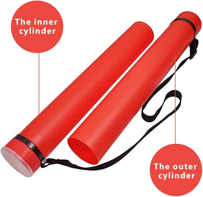 DEWEL Document Tube,Plastic Expanding Poster/Art/Document Storage Tube 24.5 to 40 inches Adjustable with Carrying Strap Waterproof and Light-Resistance Telescoping Carrying Case (Red-Large Size)
