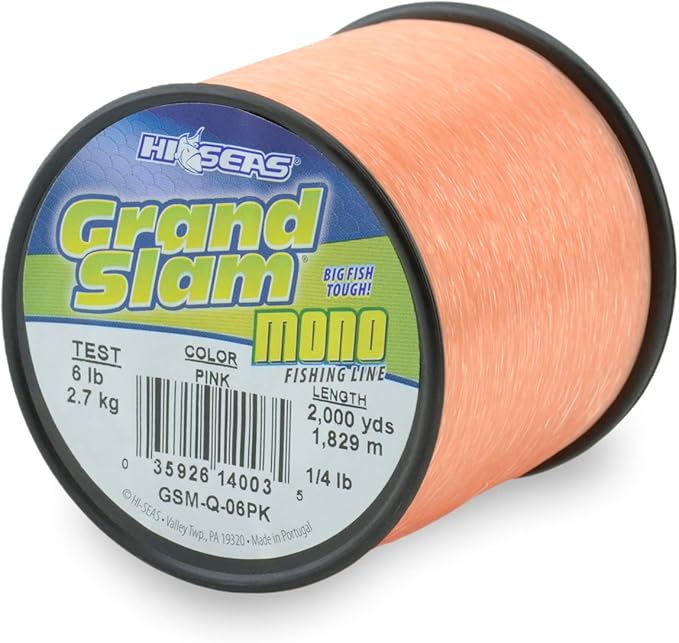 HI-SEAS Grand Slam Monofilament Fishing Line - Strong & Abrasion Resistant in Clear, Pink, Green, Smoke Blue, Fluorescent Yellow Freshwater & Saltwater – Quarter Pound Spool
