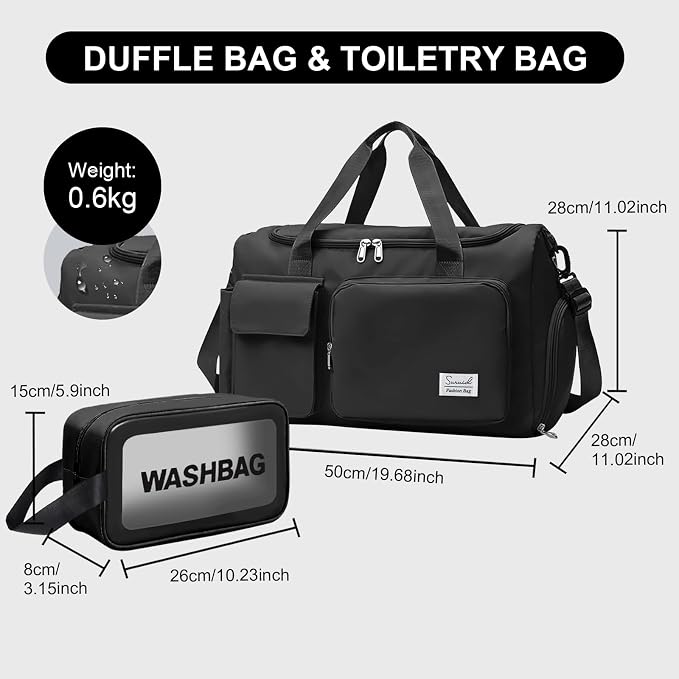 Suruid Gym Bag for Women Men, Travel Duffle Bag Large Capacity Carry On Weekender Bag With Shoe Compartment Gym Tote Dry Wet Separation Duffel Bag with Makeup Bag, Black