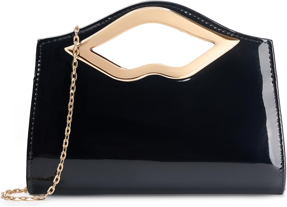 DETARA Patent Leather Evening Clutch Purse for Women Lip Metal Grip Handle Handbag for Cocktail Party Prom