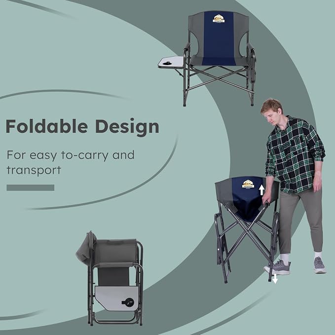 Colegence Oversized Directors Camping Chair Support 600 LBS, Heavy Duty Folding Outdoor Chairs with Detachable Side Pocket and Adjustable Side Table for Outside Beach,Lawn,Fishing (Blue)