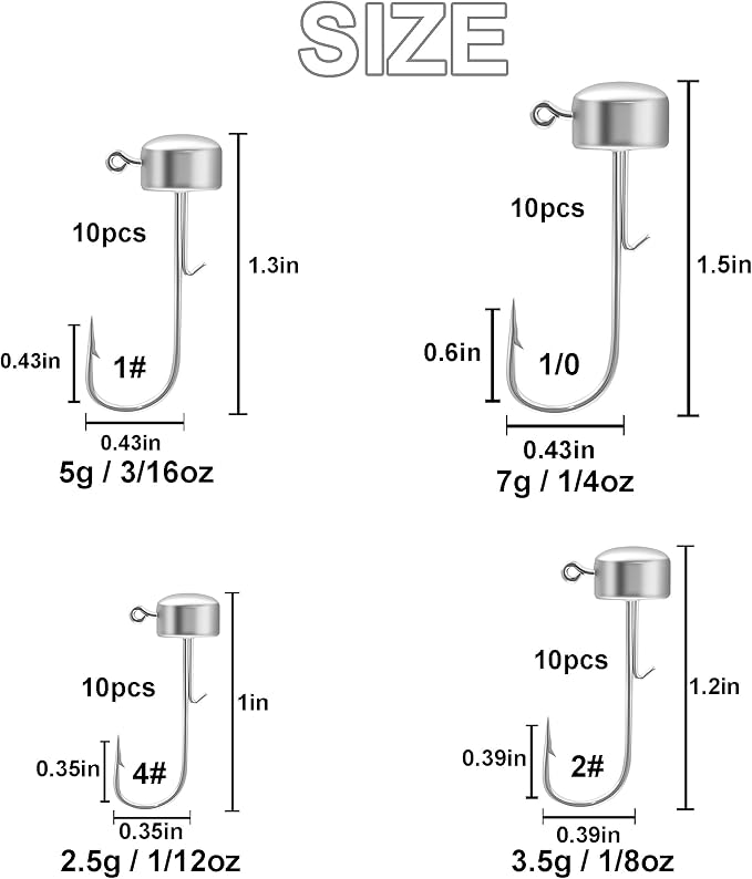 40pcs Ned Rig Jig Heads Set with Hooks Box – Mushroom Head Ned Rig Hooks for Bass Crappie Trout, Finesse Bass Fishing Jig Head Hooks, 1/12oz, 1/8oz, 3/16oz, 1/4oz, 10pcs Each Size